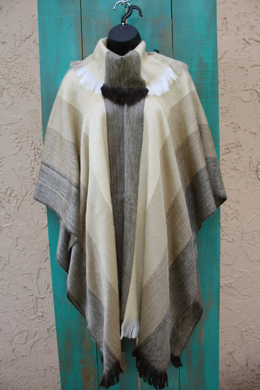 Poncho Alpaca Striped Beige Handmade Boho Soft Tribal Vintage Unique Design