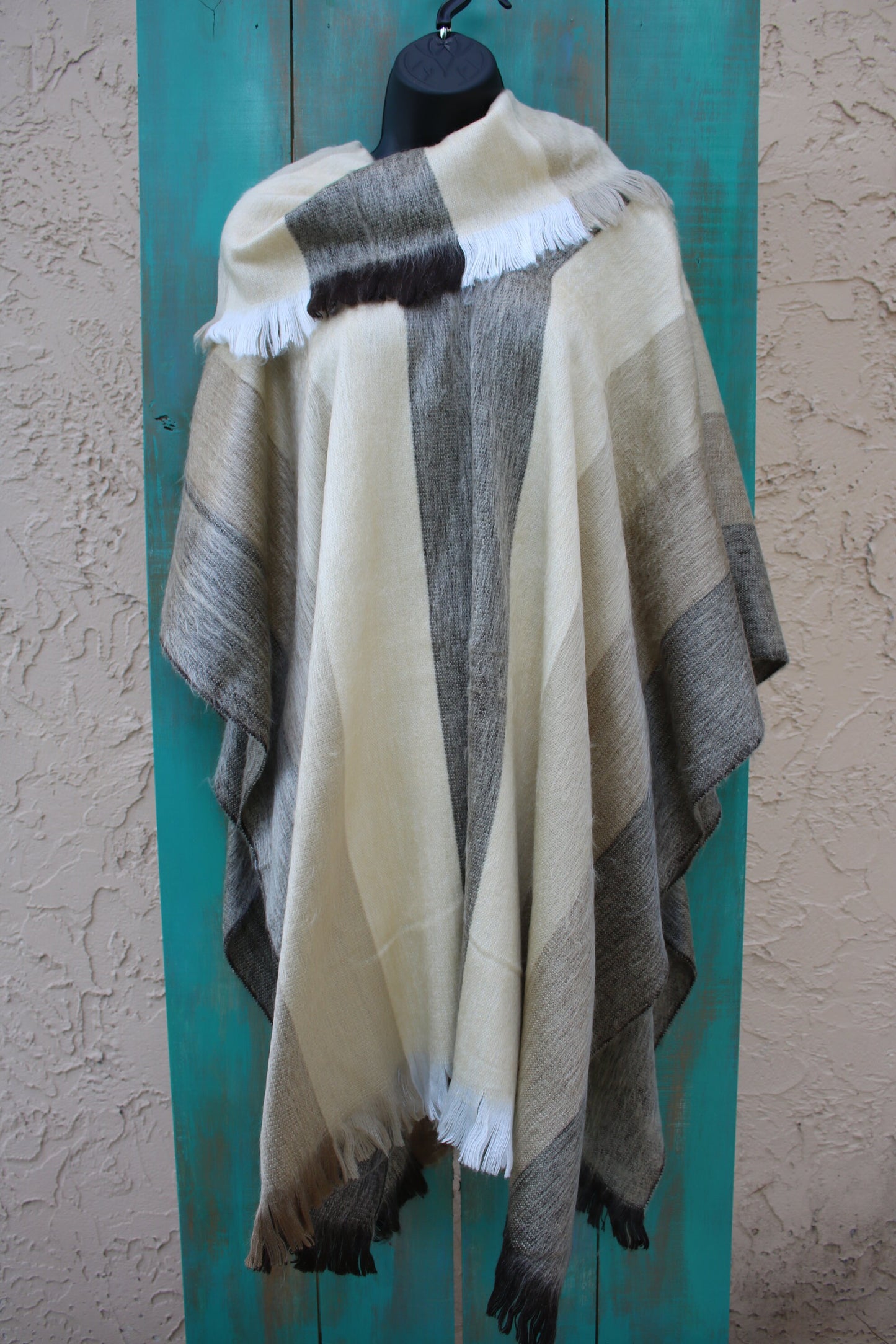 Poncho Alpaca Striped Beige Handmade Boho Soft Tribal Vintage Unique Design