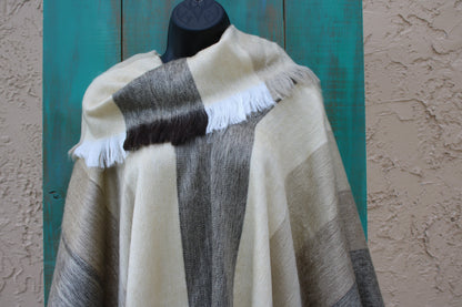 Poncho Alpaca Striped Beige Handmade Boho Soft Tribal Vintage Unique Design
