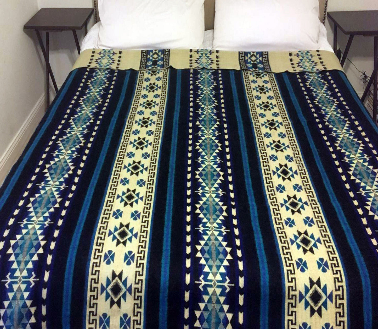 Blanket Alpaca Inca Blue Handmade Boho Soft Queen Vintage Tribal Reversible Design