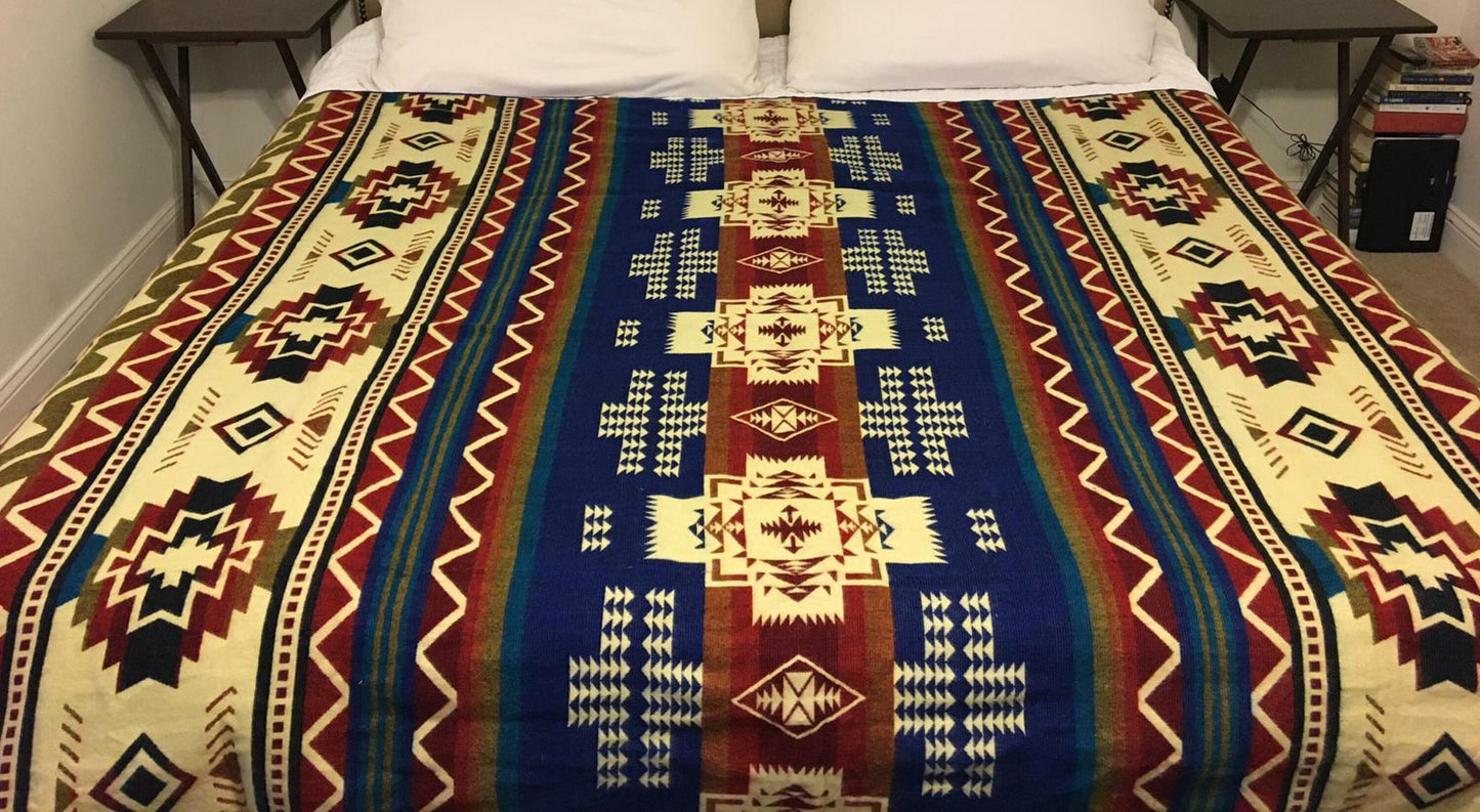 Alpaca Blanket Inti Blue - Genuine Handmade boho Soft Queen blanket tribal vintage reversible design