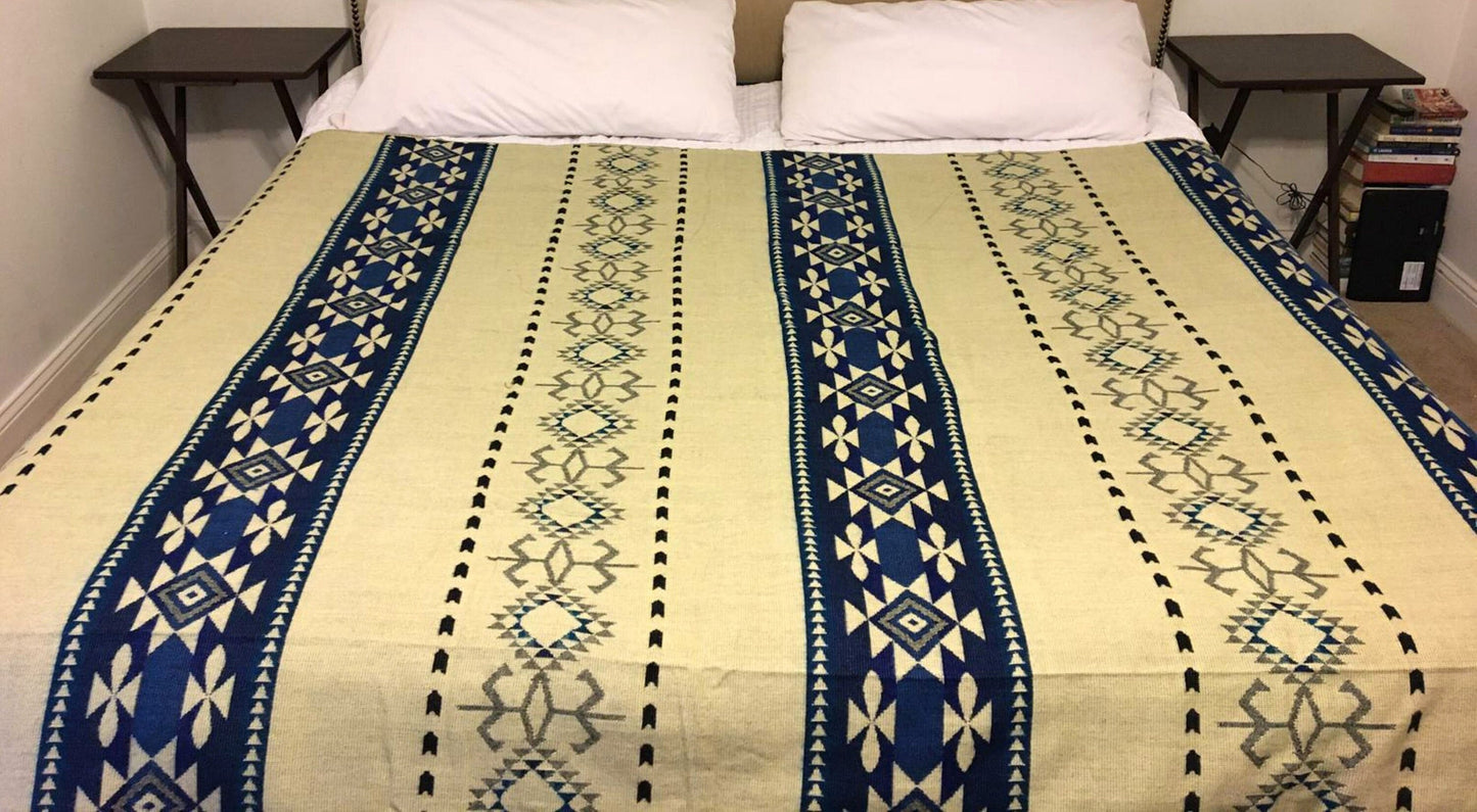 Alpaca Blanket Quechua Blue - Genuine Handmade boho Soft Queen blanket tribal vintage reversible design