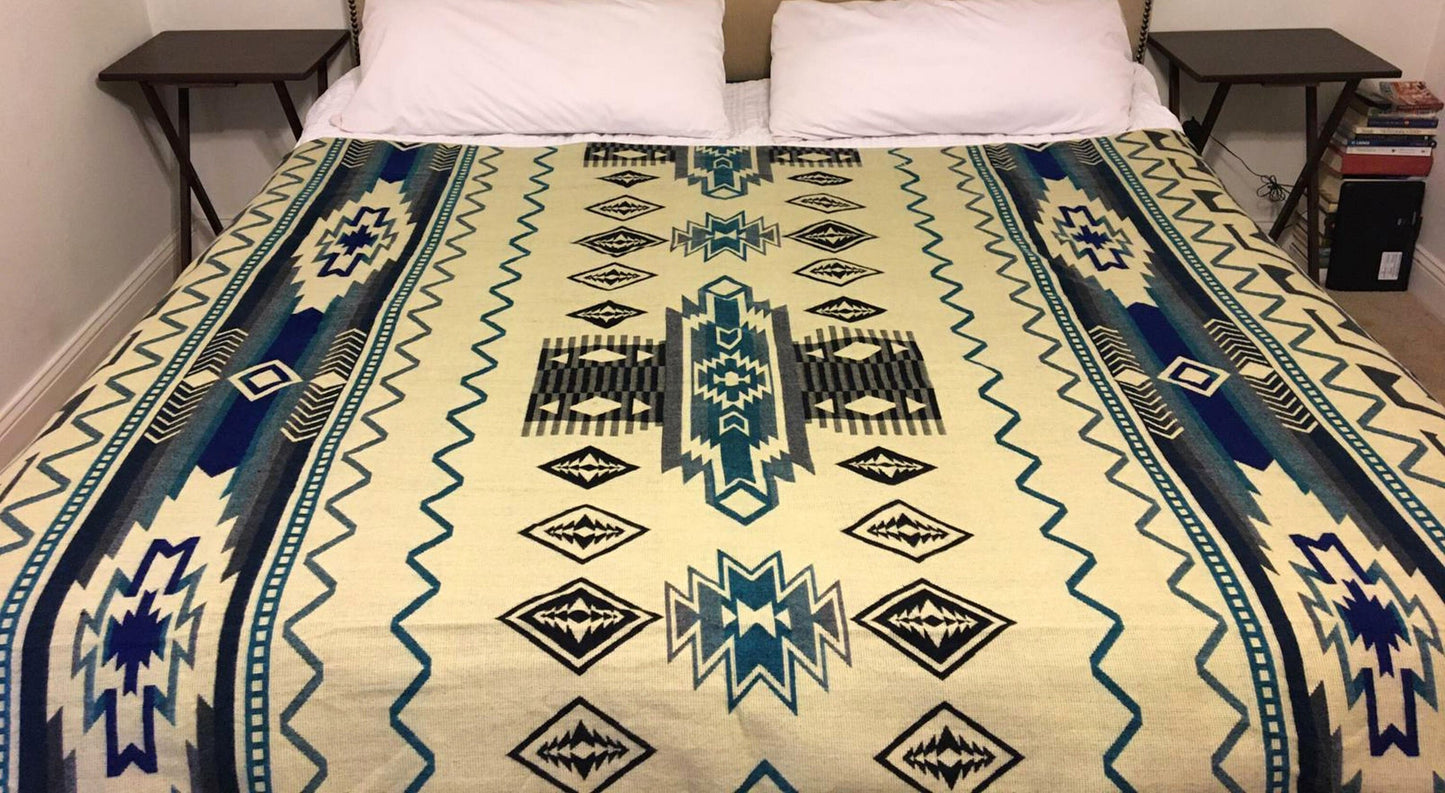 Blanket Alpaca Shuar Blue Handmade Boho Soft Queen Vintage Tribal Reversible Design
