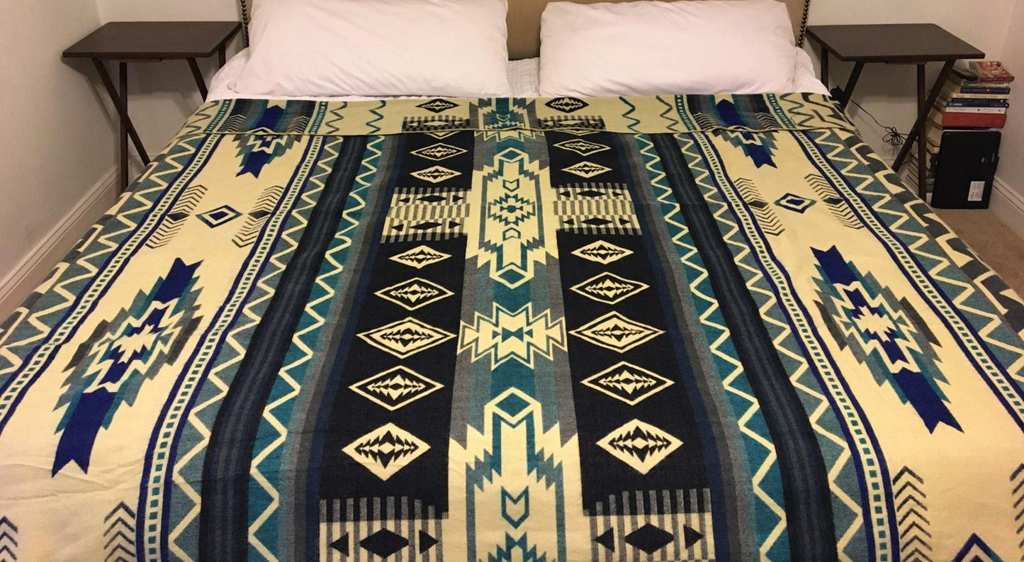 Blanket Alpaca Shuar Blue Handmade Boho Soft Queen Vintage Tribal Reversible Design