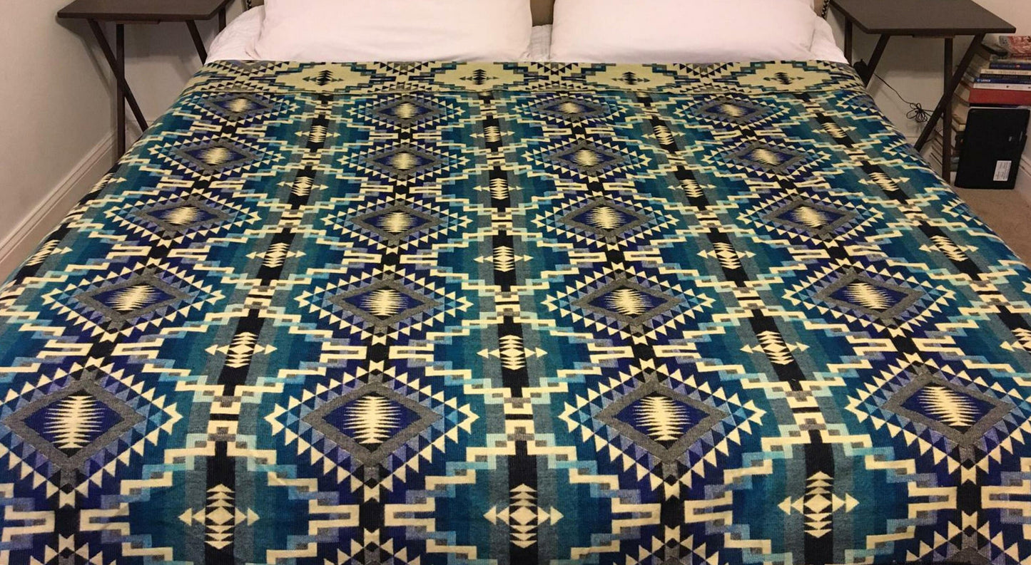 Blanket Alpaca Ayahuasca Blue Owl Handmade Boho Soft Queen Vintage Tribal Reversible Design