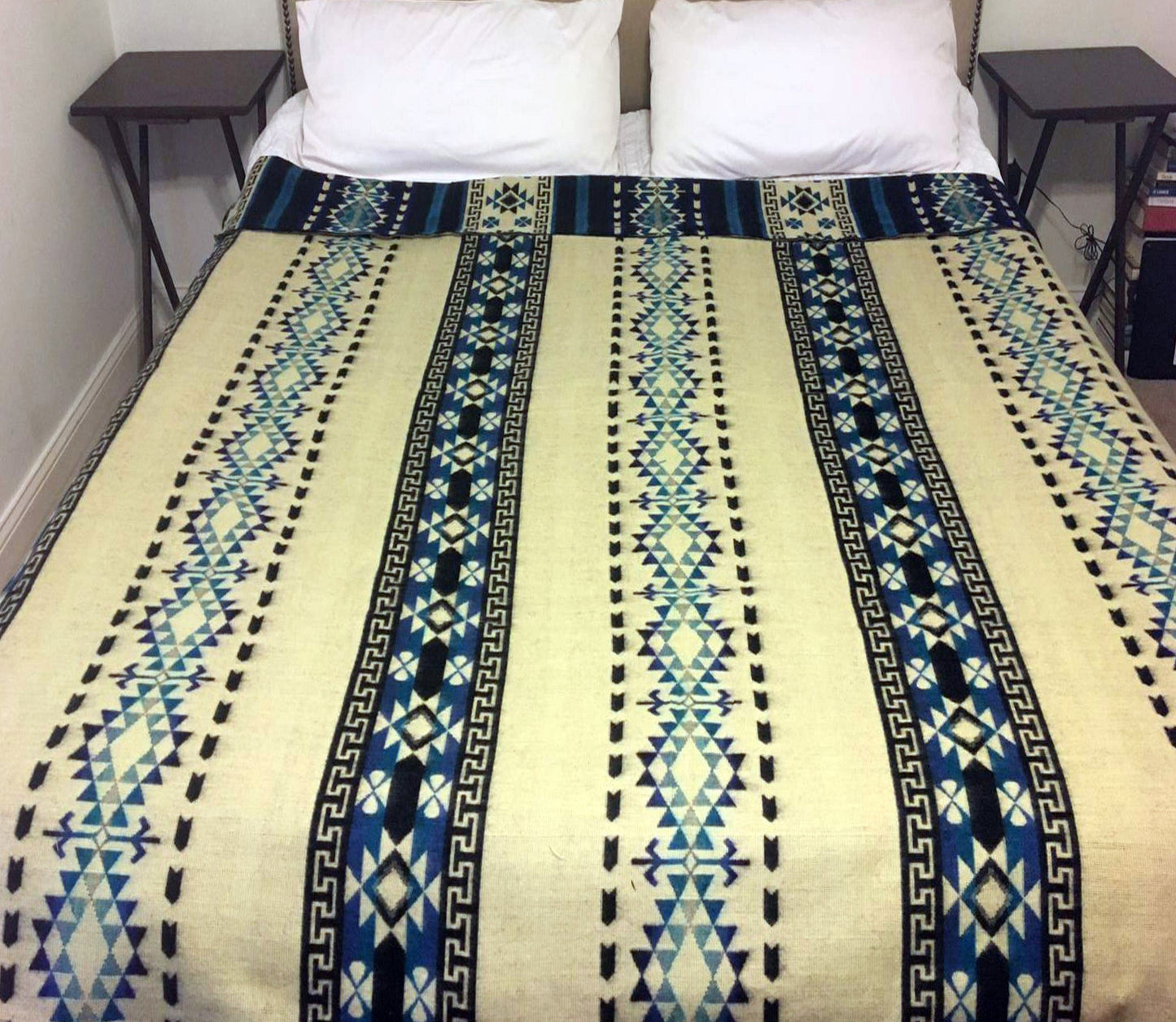 Blanket Alpaca Inca Blue Handmade Boho Soft Queen Vintage Tribal Reversible Design