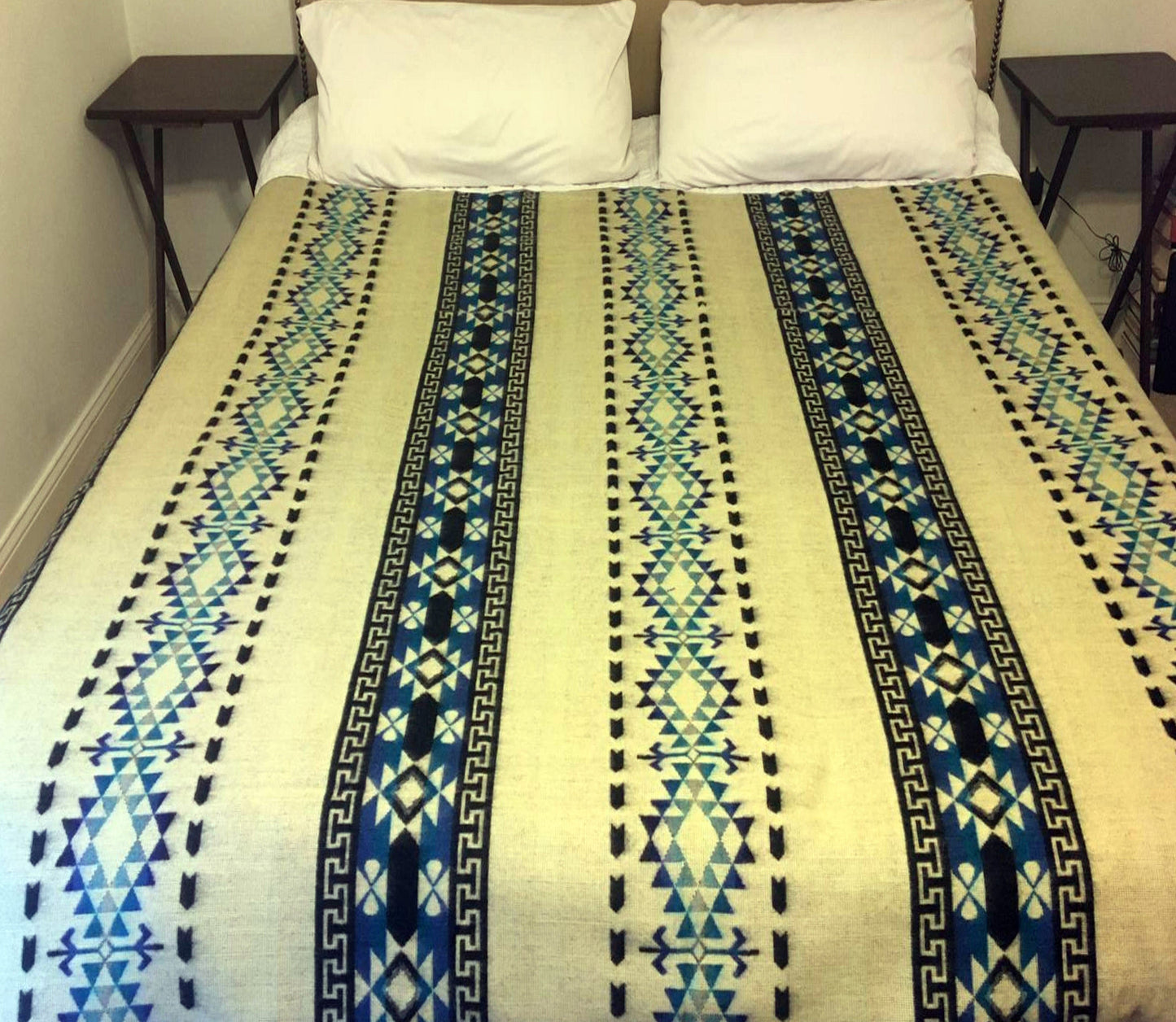 Blanket Alpaca Inca Blue Handmade Boho Soft Queen Vintage Tribal Reversible Design