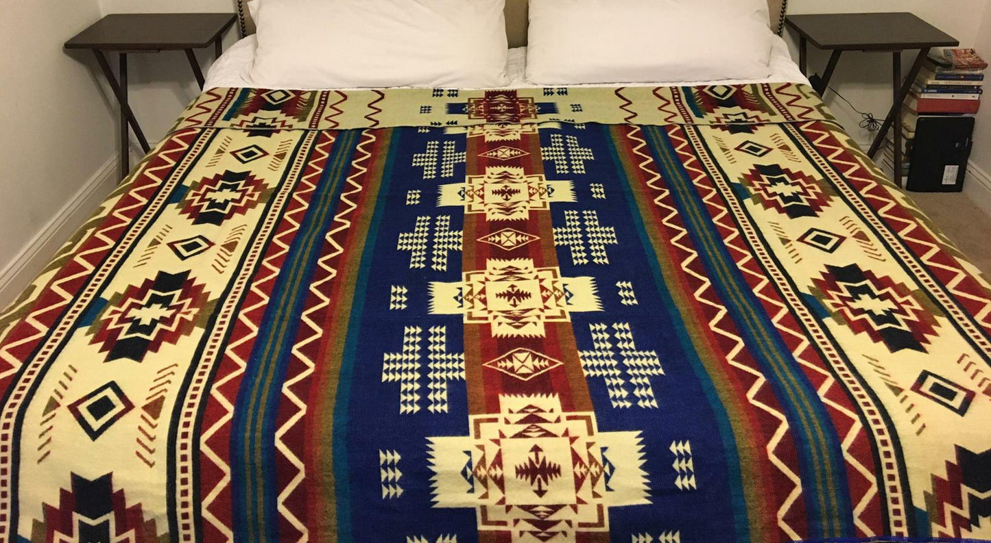 Alpaca Blanket Inti Blue - Genuine Handmade boho Soft Queen blanket tribal vintage reversible design