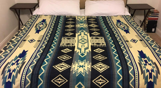 Blanket Alpaca Shuar Blue Handmade Boho Soft Queen Vintage Tribal Reversible Design