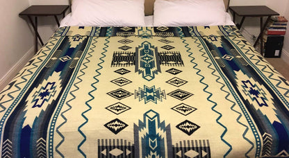 Blanket Alpaca Shuar Blue Handmade Boho Soft Queen Vintage Tribal Reversible Design