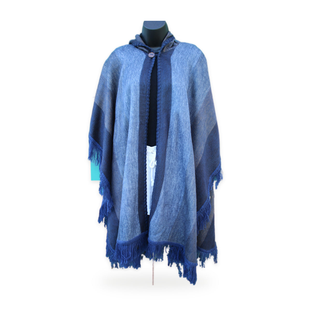 Double blue hooded poncho, made by native artisans in Ecuador