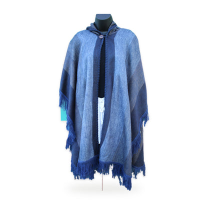 Double blue hooded poncho, made by native artisans in Ecuador
