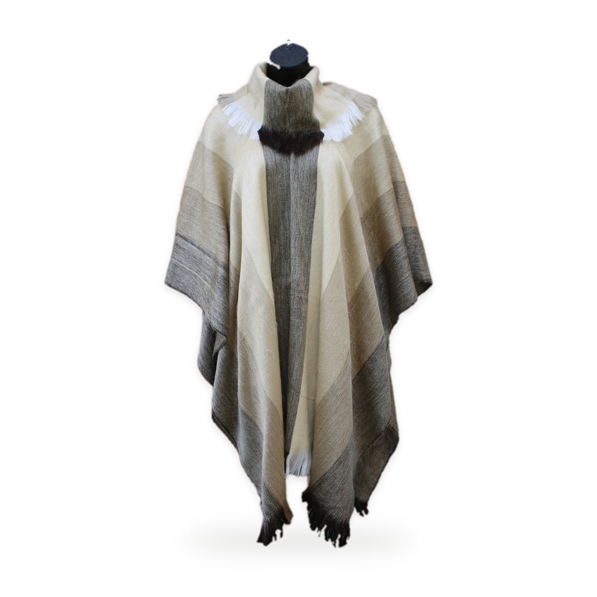 Striped beige poncho cape, made by native artisans in Ecuador