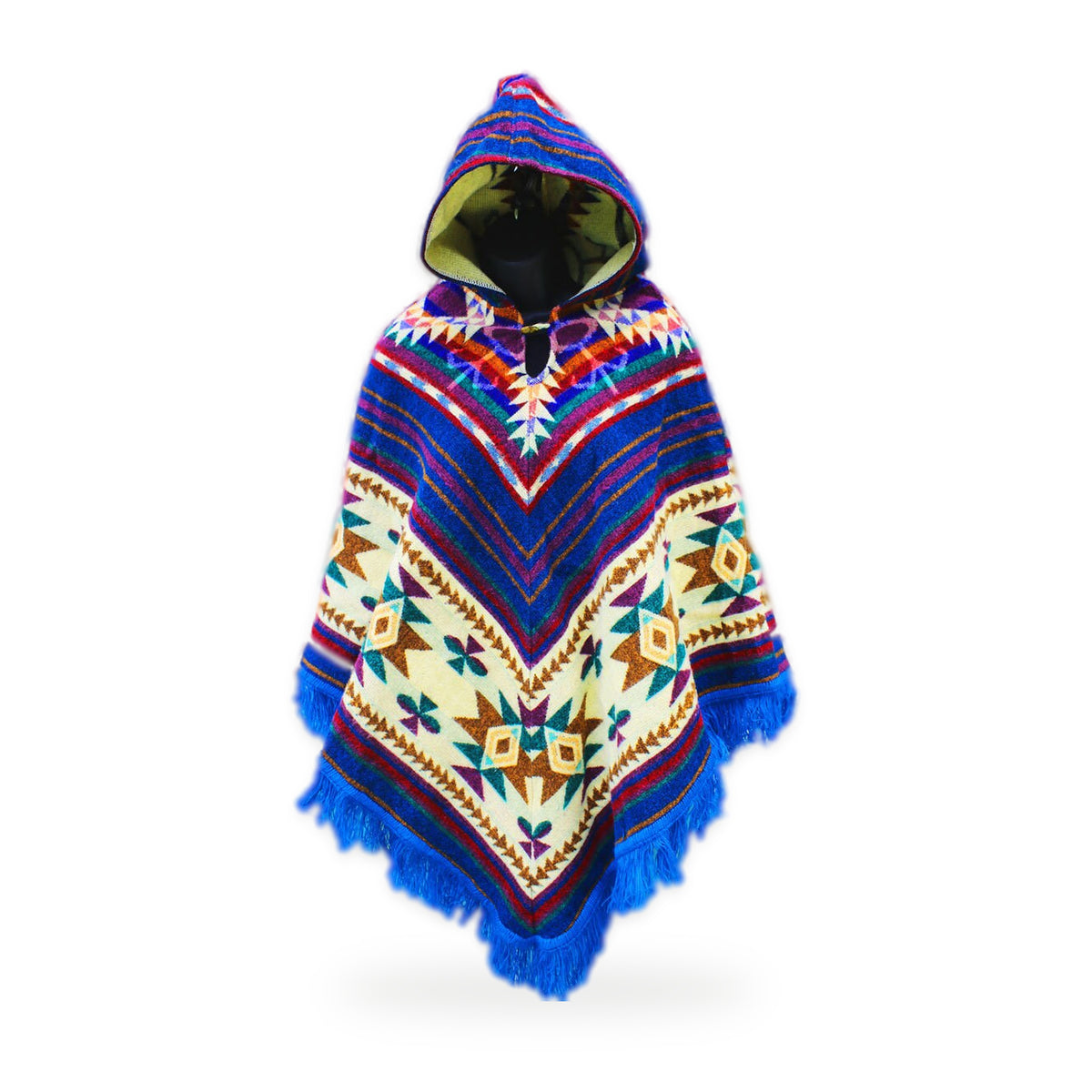 Navy blue print hooded poncho, made by native artisans in Ecuador