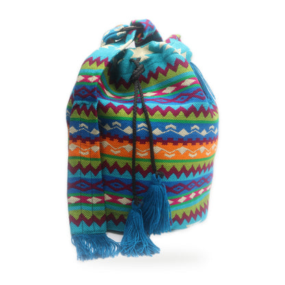 Blue summer woven tassel bucket bag with crossbody strap, handmade in Otavalo, Ecuador