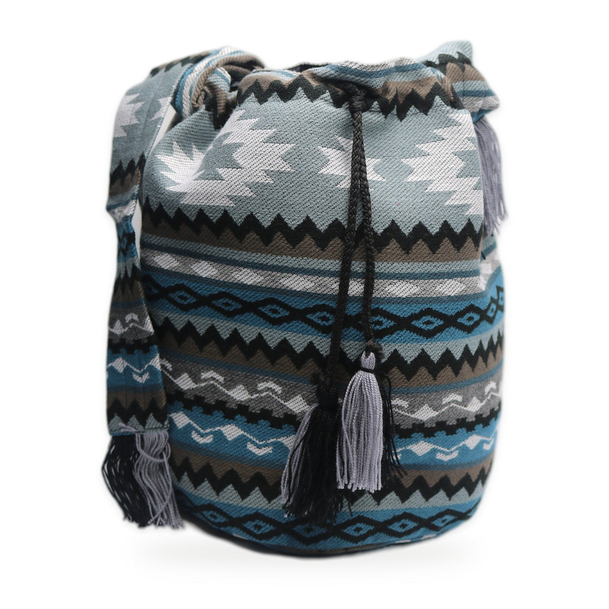Grey and blue woven tassel bucket bag with crossbody strap, handmade in Otavalo, Ecuador
