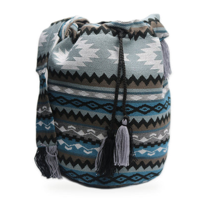 Grey and blue woven tassel bucket bag with crossbody strap, handmade in Otavalo, Ecuador