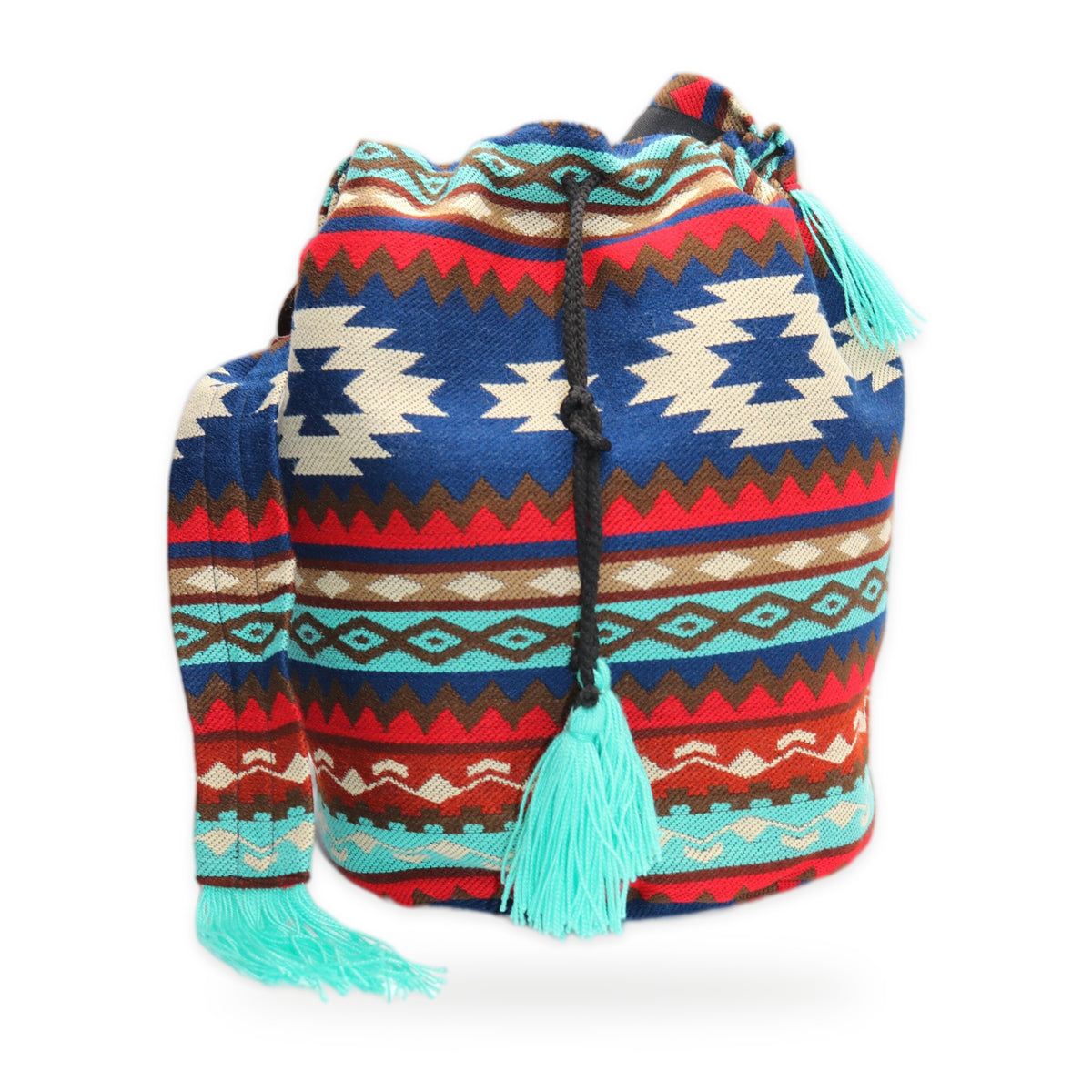 Red and blue woven tassel bucket bag with crossbody strap, handmade in Otavalo, Ecuador