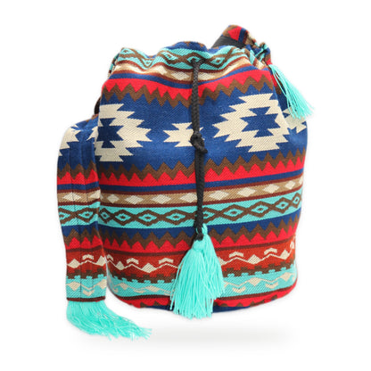 Red and blue woven tassel bucket bag with crossbody strap, handmade in Otavalo, Ecuador