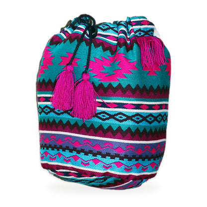 Teal and pink woven tassel bucket bag with crossbody strap, handmade in Otavalo, Ecuador