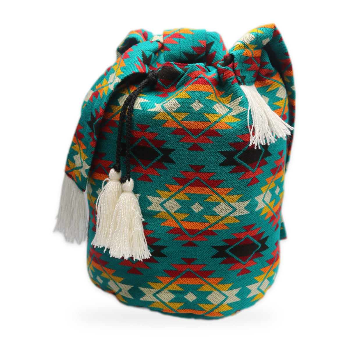 Turquoise woven tassel bucket bag with crossbody strap, handmade in Otavalo, Ecuador