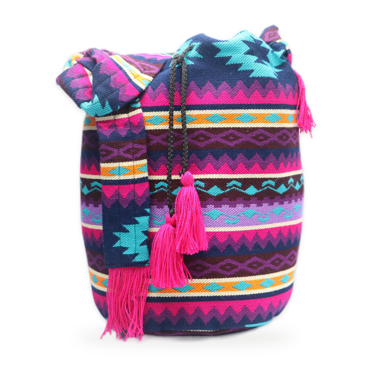 Violet woven tassel bucket bag with crossbody strap, handmade in Otavalo, Ecuador