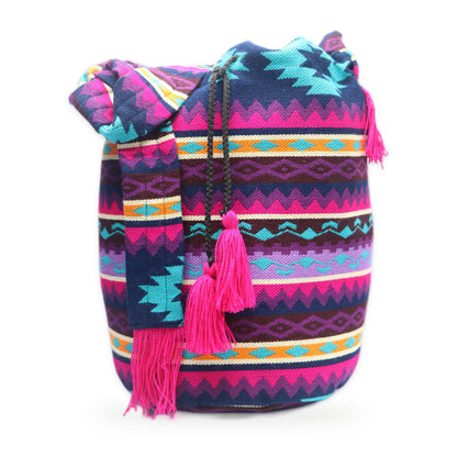 Violet woven tassel bucket bag with crossbody strap, handmade in Otavalo, Ecuador