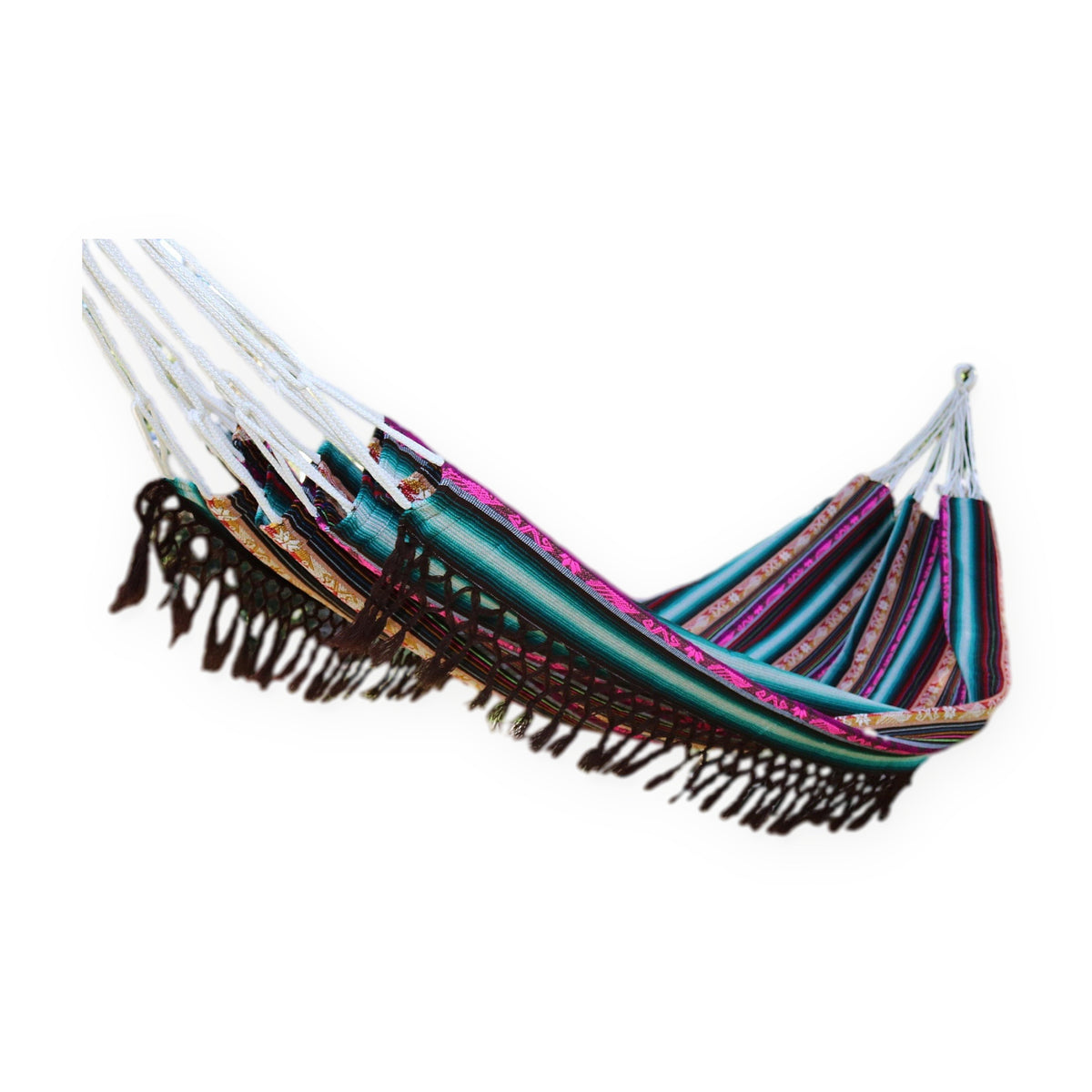 Turquoise and green Inca pattern double hammock, handmade in Otavalo, Ecuador