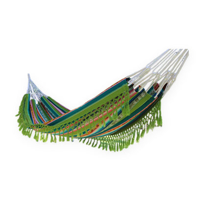 Green and yellow Inca pattern double hammock, handmade in Otavalo, Ecuador