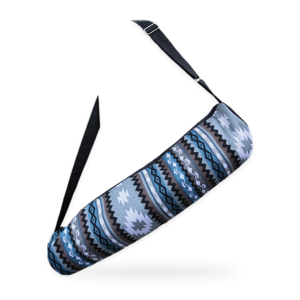 Blue and grey woven yoga mat bag with crossbody strap, handmade in Otavalo, Ecuador