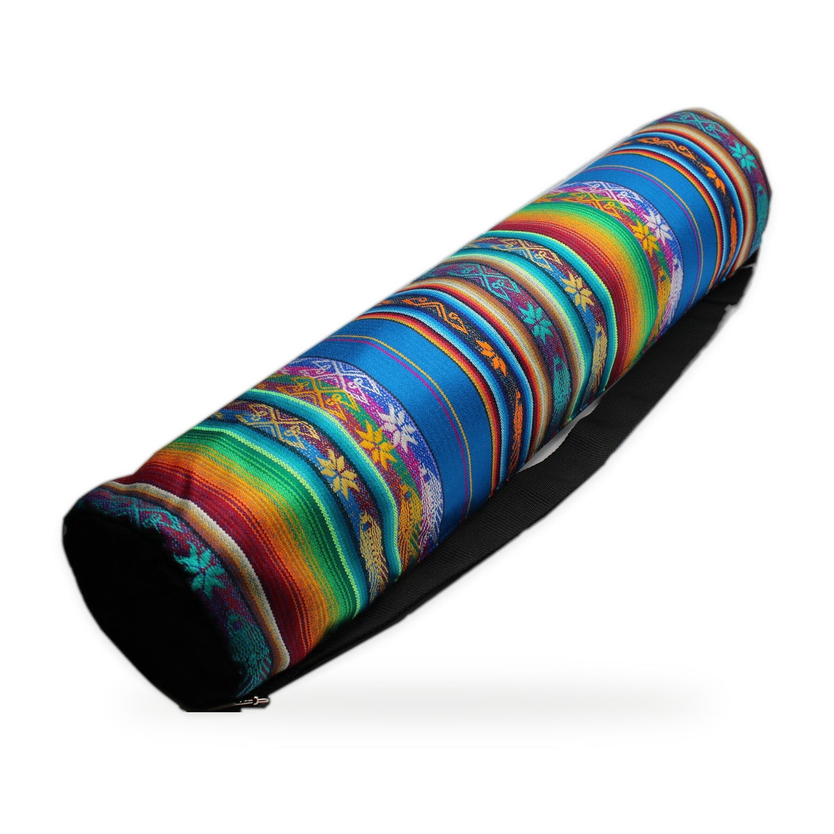 Blue woven yoga mat bag with crossbody strap, handmade in Otavalo, Ecuador