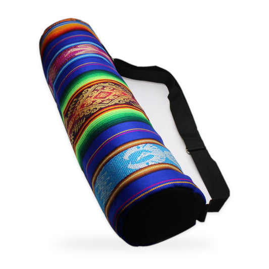 Dark blue woven yoga mat bag with crossbody strap, handmade in Otavalo, Ecuador