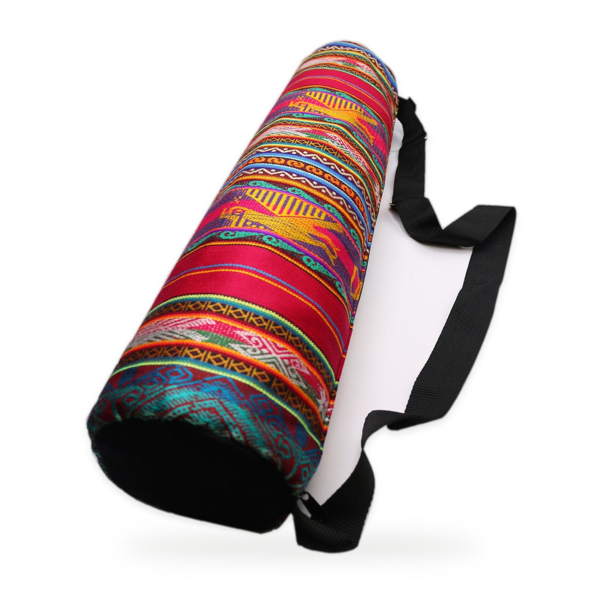 Fuchsia woven yoga mat bag with crossbody strap, handmade in Otavalo, Ecuador