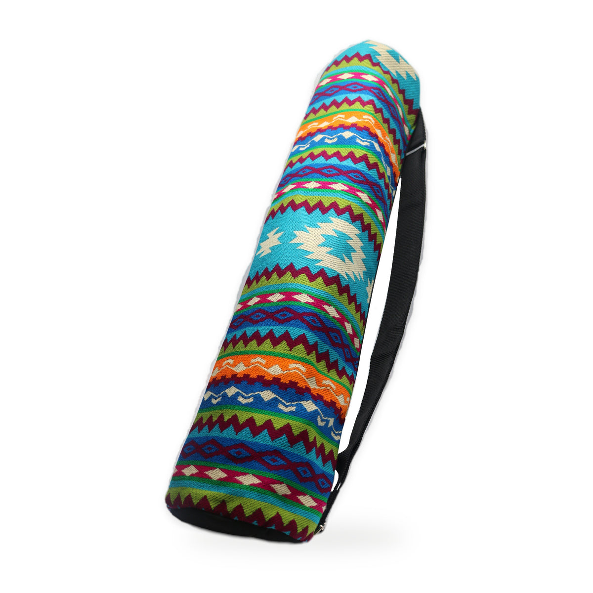 Light blue woven yoga mat bag with crossbody strap, handmade in Otavalo, Ecuador