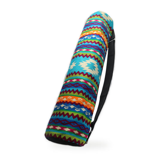 Light blue woven yoga mat bag with crossbody strap, handmade in Otavalo, Ecuador