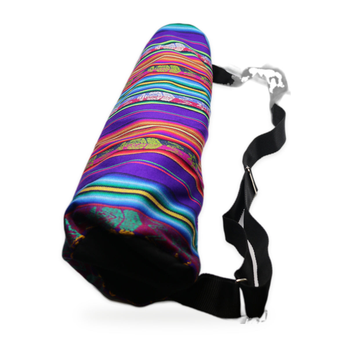 Purple woven yoga mat bag with crossbody strap, handmade in Otavalo, Ecuador