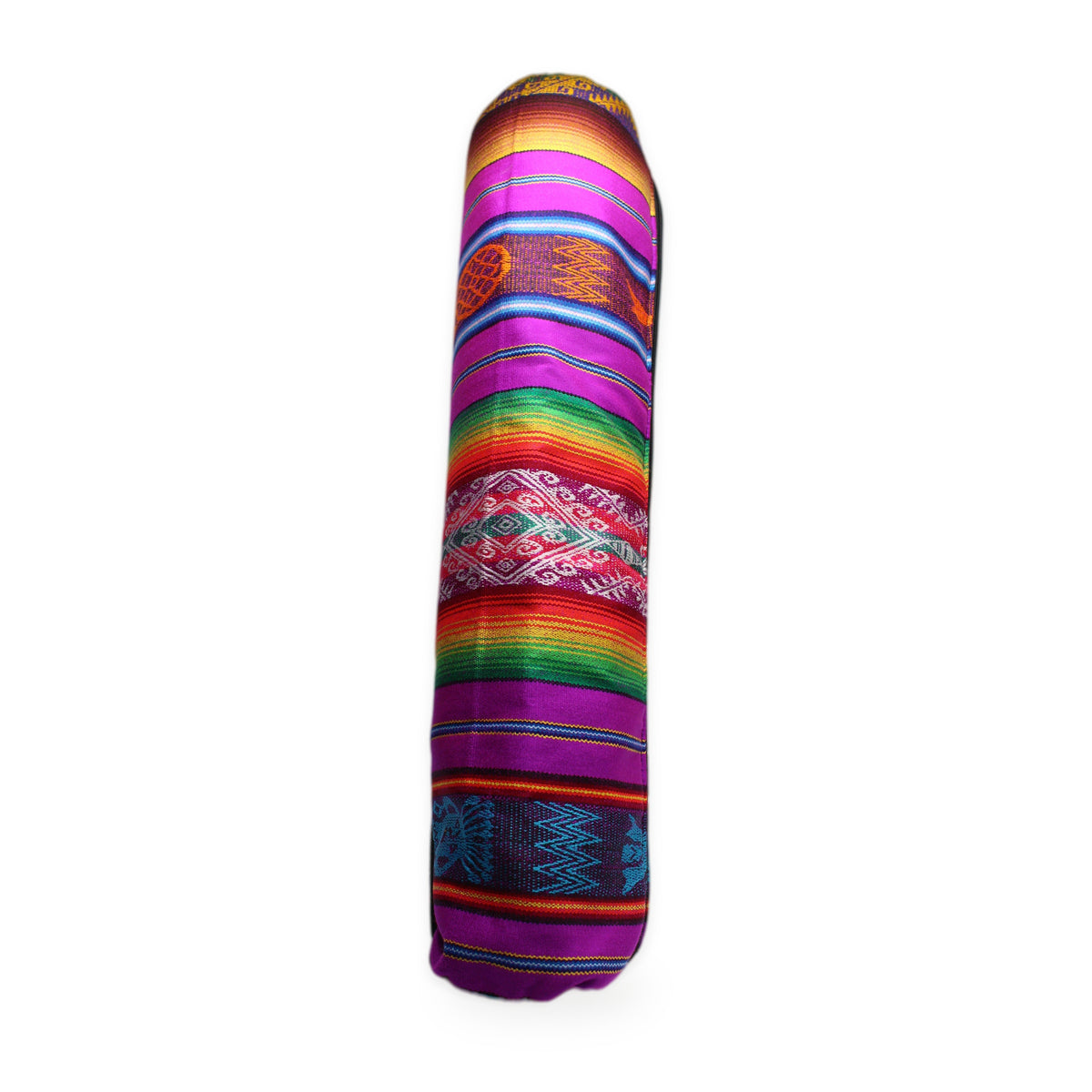 Rainbow woven yoga mat bag with crossbody strap, handmade in Otavalo, Ecuador
