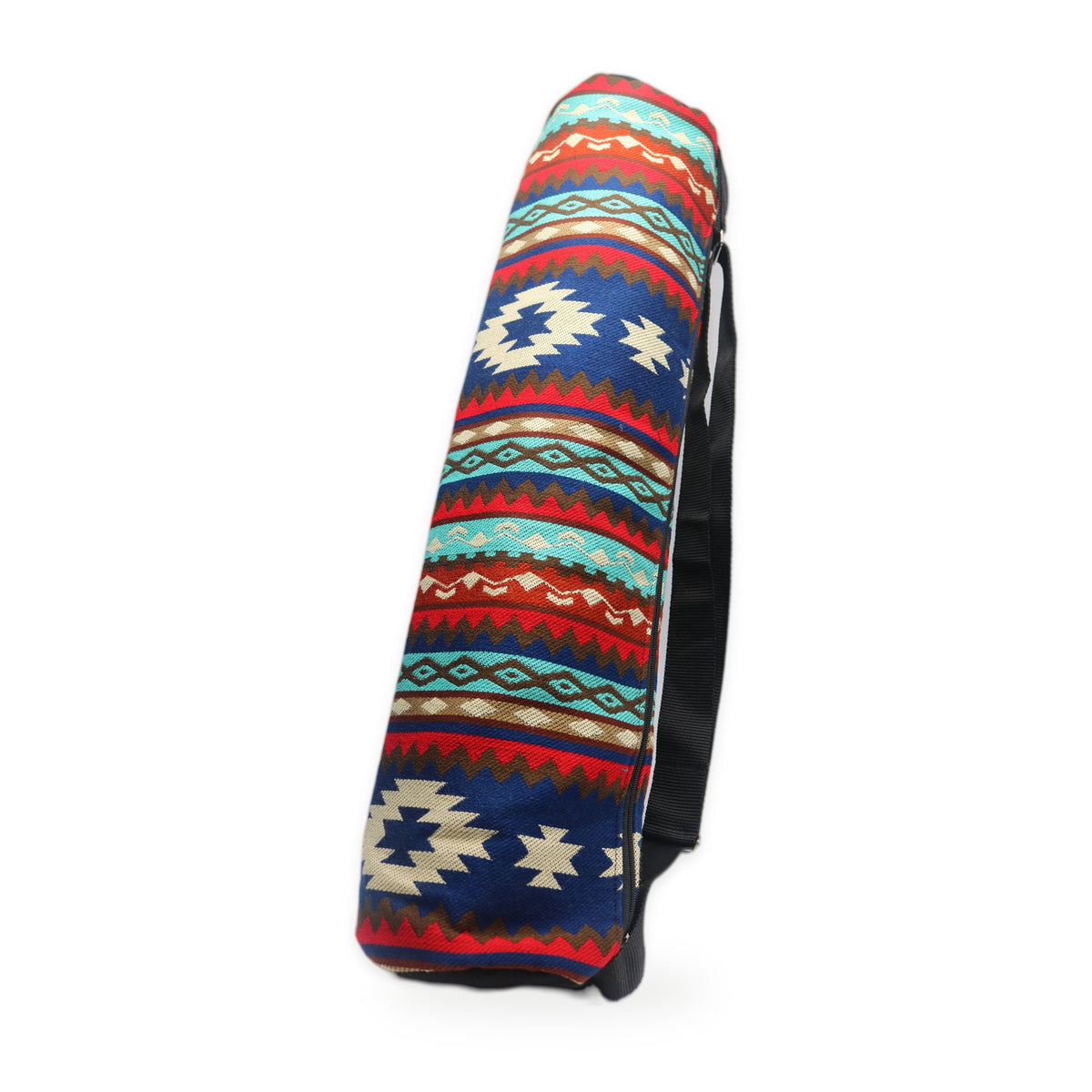 Red and blue woven yoga mat bag with crossbody strap, handmade in Otavalo, Ecuador