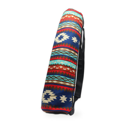 Red and blue woven yoga mat bag with crossbody strap, handmade in Otavalo, Ecuador