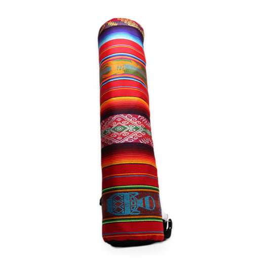 Red woven yoga mat bag with crossbody strap, handmade in Otavalo, Ecuador