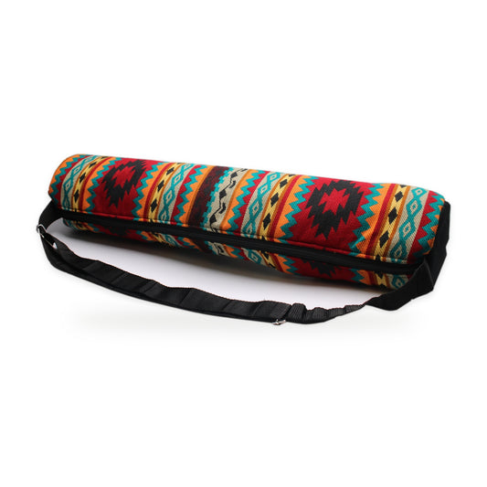 Terracotta woven yoga mat bag with crossbody strap, handmade in Otavalo, Ecuador