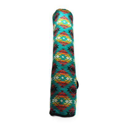 Turquoise woven yoga mat bag with crossbody strap, handmade in Otavalo, Ecuador