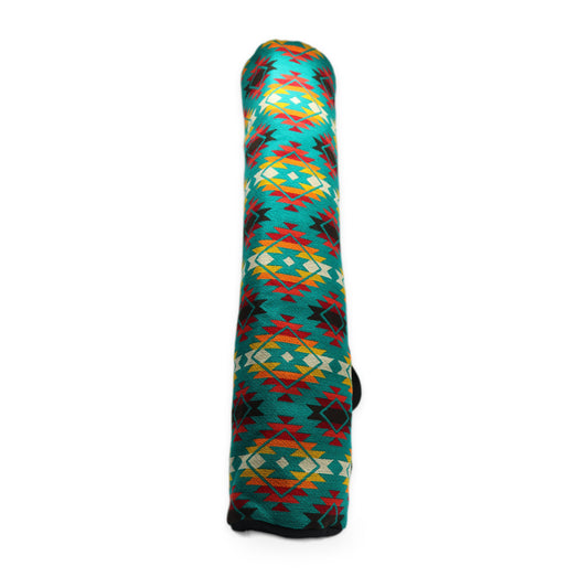 Turquoise woven yoga mat bag with crossbody strap, handmade in Otavalo, Ecuador