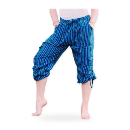 Dark blue Inca pattern boho yoga pants with drawstring waist, made in Otavalo, Ecuador