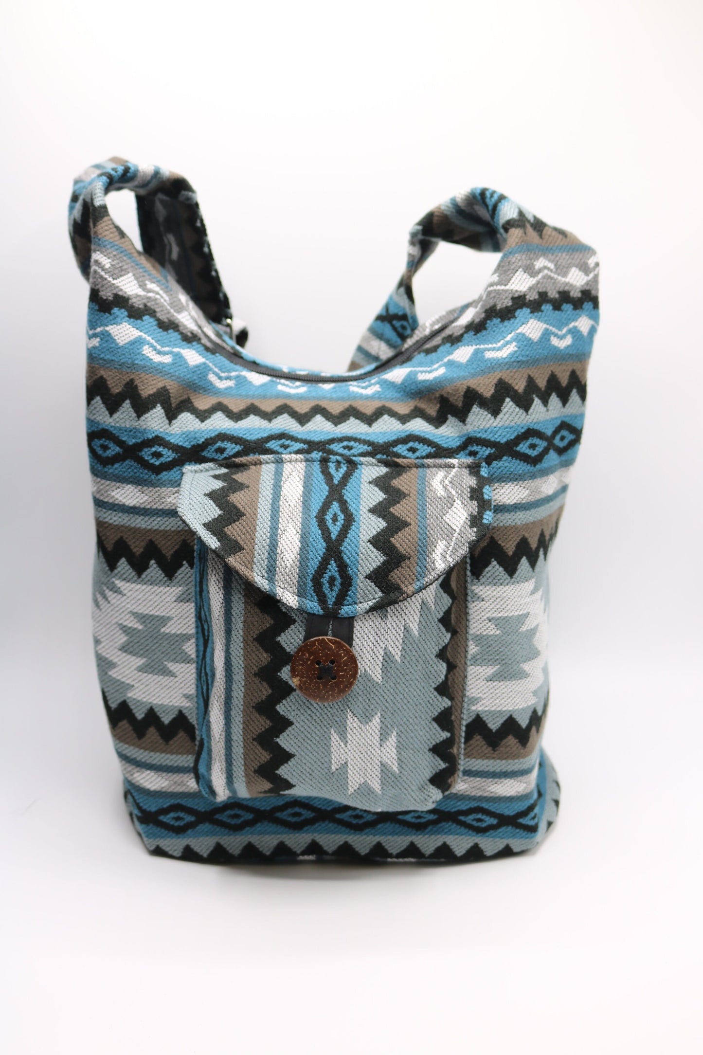 Bolso bandolera gris y azul para botellas