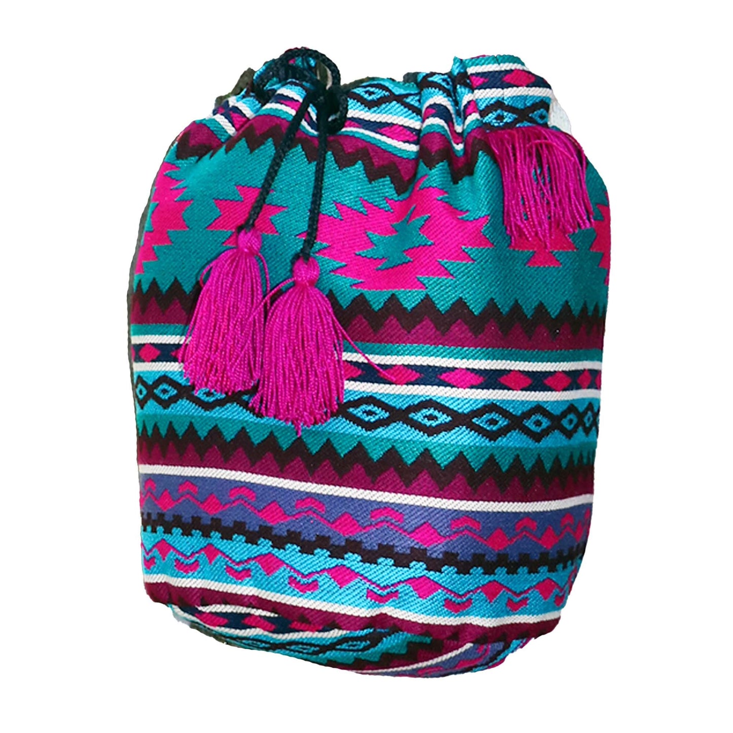 Bolso bandolera con borlas verde azulado y rosa